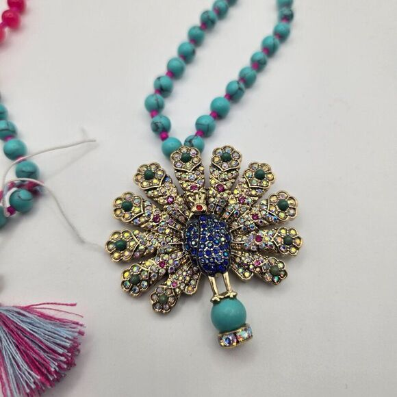 Betsey Johnson Boho Peacock Tassel Necklace Multi Stone Pendant Beaded New - Picture 2 of 5